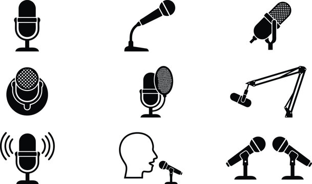 Professional Microphone Equipment Icon Set Vector for Podcast Branding, Radio Broadcasting & Audio Recording Studio Graphics (EPS)
