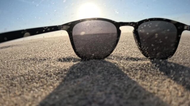 Windswept sunglasses on Kijkduin Beach with a glowing sunset and adventurous kitesurfers offshore