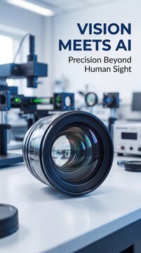 Camera lens on white table in laboratory with text with discussing artificial intelligence surface laboratory setting