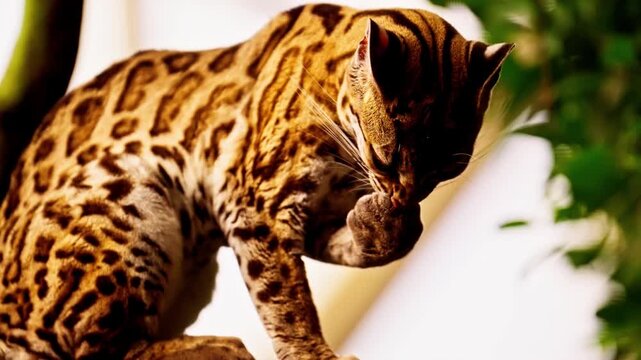 A beautiful cinematic shot of a young wild ocelot cleaning its paw with its tongue in nature environment.