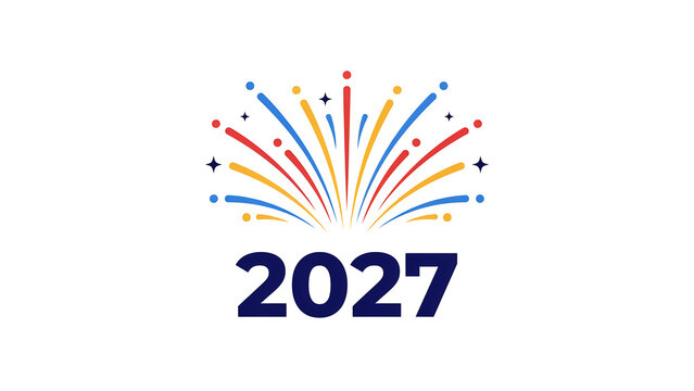 Happy New Year 2027 celebration logo, colorful fireworks burst over 2027 typography, festive holiday greeting card design on white background