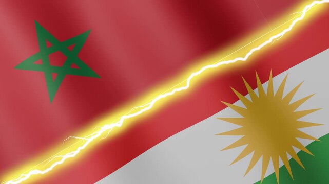 Two waving flags Morocco and Kurdistan with diagonal lightning seamless, 4k loop