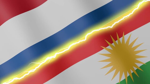 Two waving flags Netherlands and Kurdistan with diagonal lightning seamless, 4k loop