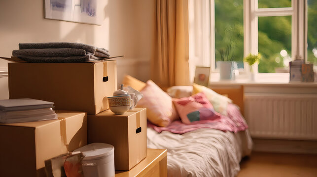 Cozy bedroom with moving boxes, blankets, and teacups by a sunny window, symbolizing relocation or a new beginning in a warm home environment.