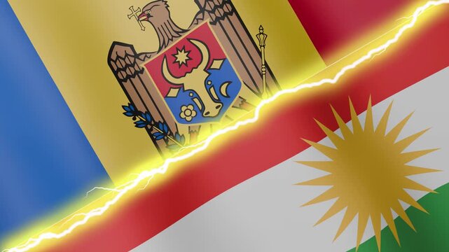 Two waving flags Moldova and Kurdistan with diagonal lightning seamless, 4k loop