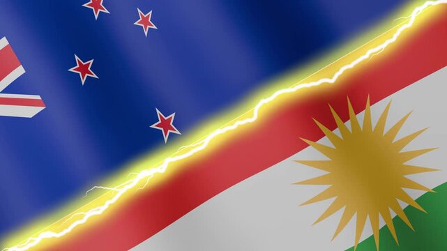 Two waving flags New Zealand and Kurdistan with diagonal lightning seamless, 4k loop