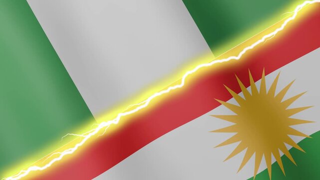Two waving flags Nigeria and Kurdistan with diagonal lightning seamless, 4k loop