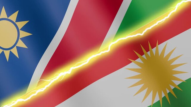 Two waving flags Namibia and Kurdistan with diagonal lightning seamless, 4k loop