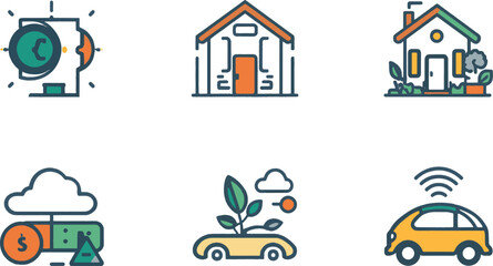 Fototapeta premium Professional Modern Smart Home Eco Architecture Financial Brain Cloud Technology and Autonomous Electric Vehicle Line Icons Set for Sustainable Business Graphics