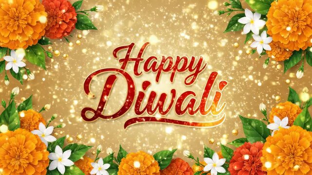 Happy Diwali greeting card with orange marigold flower border.