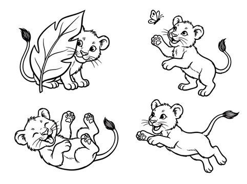 Playful Lion Cub Sketches with Leaf and Butterfly Line Art