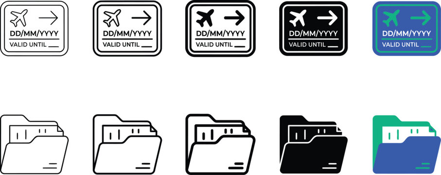A collection of various modern travel document and folder vector graphic icons displayed in multiple styles including line art bold solid and colorful designs for professional digital interface