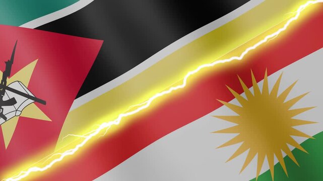 Two waving flags Mozambique and Kurdistan with diagonal lightning seamless, 4k loop