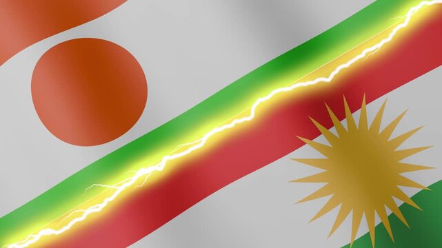 Two waving flags Niger and Kurdistan with diagonal lightning seamless, 4k loop