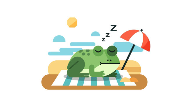Sleeping Frog on Beach Under Umbrella