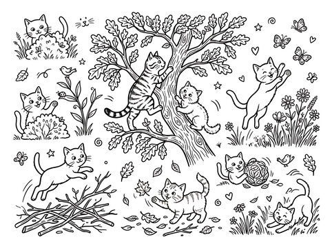 Cats and Kittens Playing in a Tree Line Art Illustration