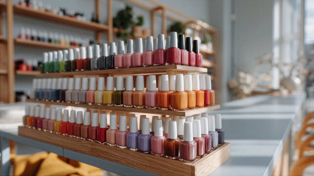 Nail salon interior with organized nail polish display