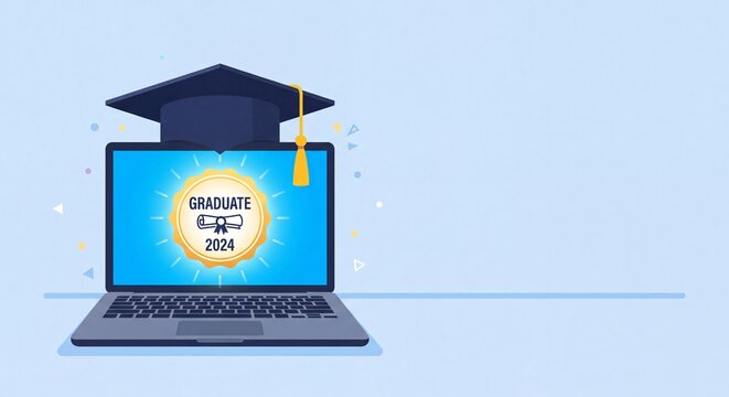 Laptop displaying online graduation certificate with academic cap representing e-learning, digital education, online course completion and remote learning achievement, flat illustration with copy spac