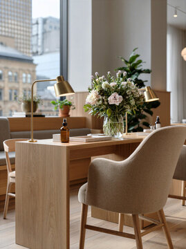 Minimal nail salon interior with oak manicure tables and floral arrangement