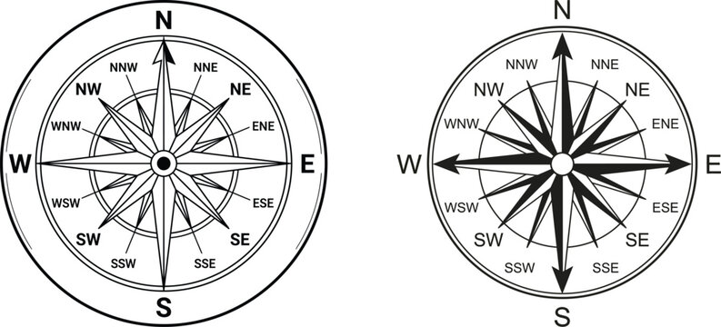 Two classic compass rose diagrams showing cardinal and intercardinal directions