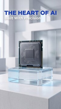 Central processing unit microchip displayed on transparent glass pedestal in modern minimalist architectural setting