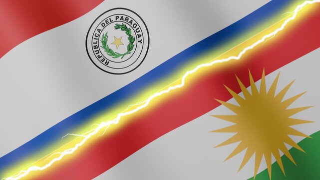 Two waving flags Paraguay and Kurdistan with diagonal lightning seamless, 4k loop