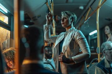 Woman commuting on a bus at night © bernardbodo