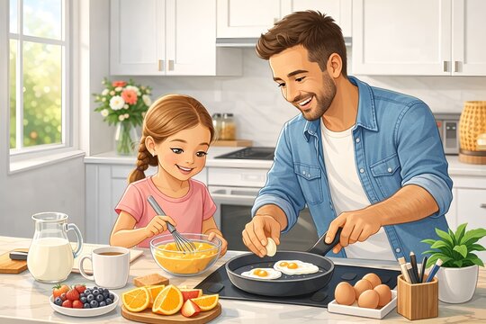Father and Daughter Cooking Breakfast Together in Modern Kitchen