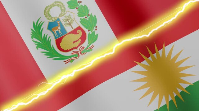 Two waving flags Peru and Kurdistan with diagonal lightning seamless, 4k loop