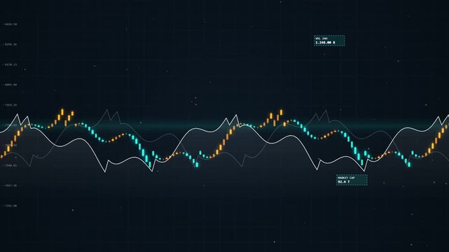 Digital financial stock market chart with fluctuating line graphs and candlestick patterns on a dark blue grid background, finance analysis