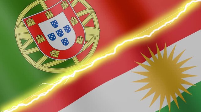 Two waving flags Portugal and Kurdistan with diagonal lightning seamless, 4k loop