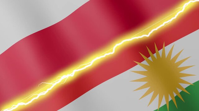 Two waving flags Poland and Kurdistan with diagonal lightning seamless, 4k loop