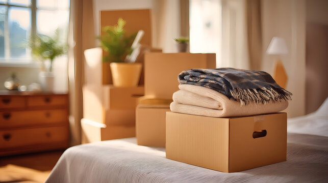 Cozy blankets folded on moving boxes in a bright bedroom, plants and sunlight in the background, concept of relocation, home organization, or new beginning.