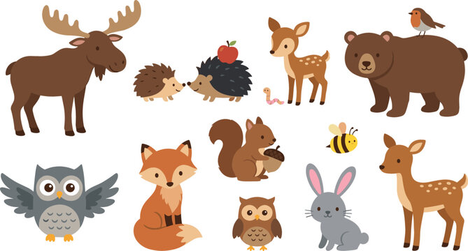 Cute woodland animals vector set featuring cartoon forest creatures moose bear fox deer owl squirrel rabbit and hedgehog isolated on white background.