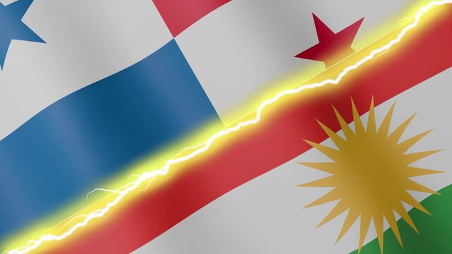 Two waving flags Panama and Kurdistan with diagonal lightning seamless, 4k loop