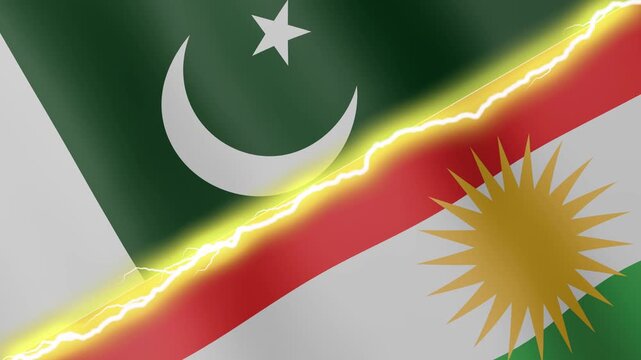 Two waving flags Pakistan and Kurdistan with diagonal lightning seamless, 4k loop