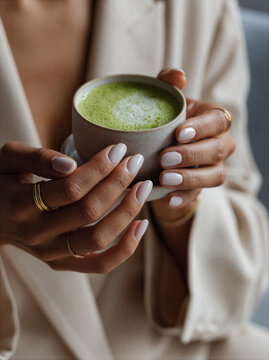 Youthful hands holding a ceramic cup of matcha latte