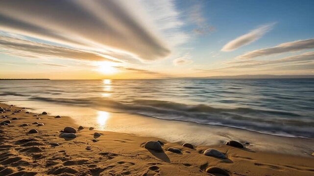 A serene beach scene with the sun reflecting off calm waters featuring a sandy shore dotted with rocks under a striped cloud formation