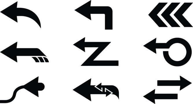 Black Minimalist Directional Arrow Set Vector Illustration for Interface Design, Navigation Graphics & Wayfinding Systems (EPS)