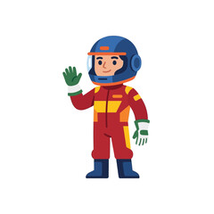 Obraz premium Cartoon race car driver waving hello, wearing a red suit and blue helmet