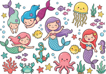 Cute mermaid vector illustration set featuring cartoon under the sea characters jellyfish octopus crab anchor seahorse coral and fish isolated on white background. © Rumi