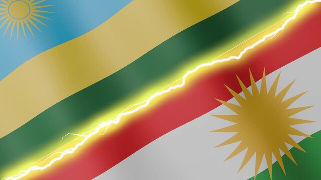 Two waving flags Rwanda and Kurdistan with diagonal lightning seamless, 4k loop