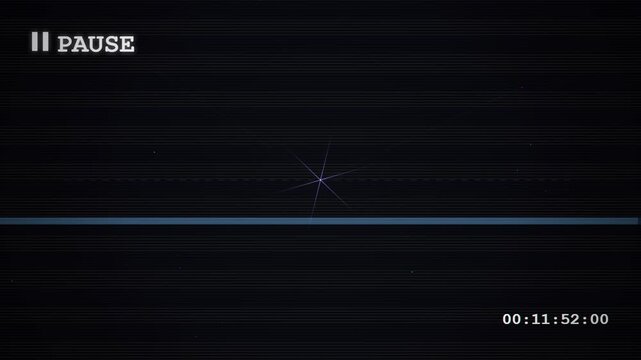Retro vhs recording interface overlay, pause icon, timestamp, and glitchy particles, glitch effect, vintage screen texture
