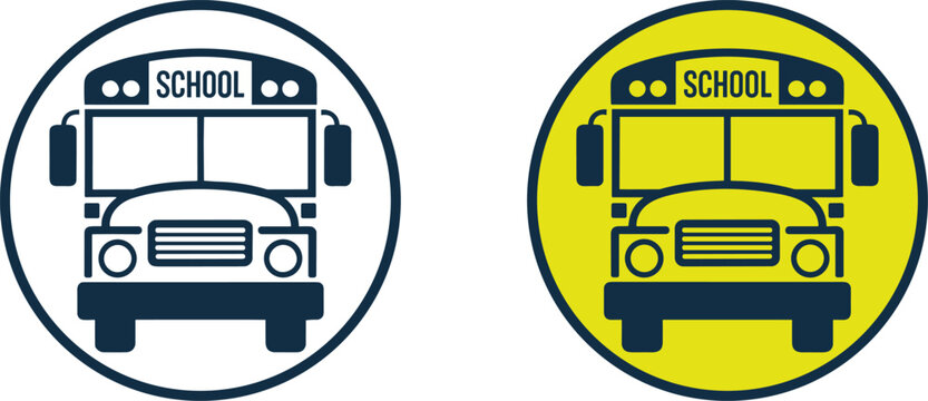 School bus front view circular icon set for transport service and education signage flat vector graphic design