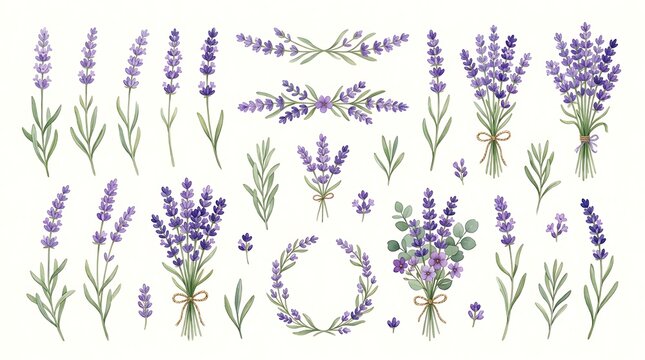 Watercolor lavender flower arrangements botanical illustration elements