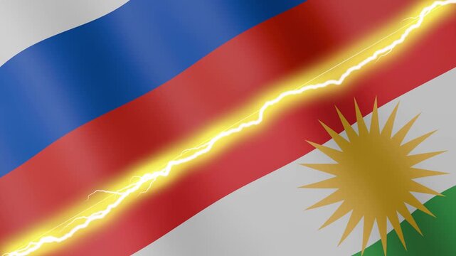 Two waving flags Russia and Kurdistan with diagonal lightning seamless, 4k loop