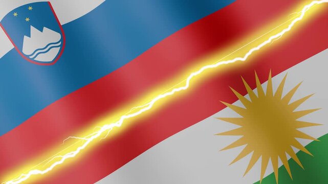 Two waving flags Slovenia and Kurdistan with diagonal lightning seamless, 4k loop