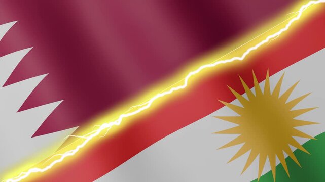 Two waving flags Qatar and Kurdistan with diagonal lightning seamless, 4k loop