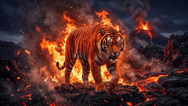 Tiger Walking Through Fierce Fire in Dark Smoky Forest