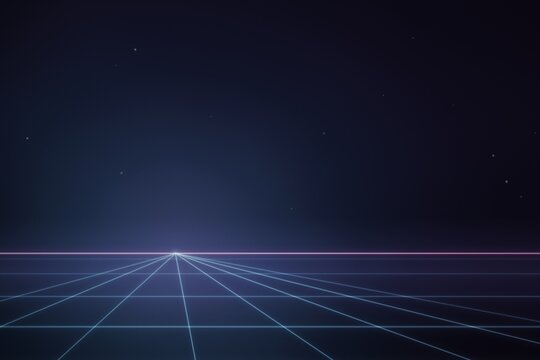 Retro grid landscape with neon horizon